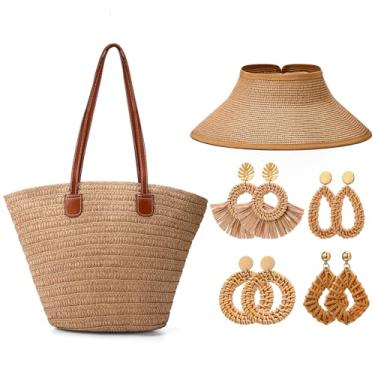 Imagem de Shyyween Conjunto de 10 peças femininas de palha para praia incluído, 1 bolsa de praia de verão, 1 touca de sol, 4 pares de brincos de borla de vime (chapéu de sol) natural