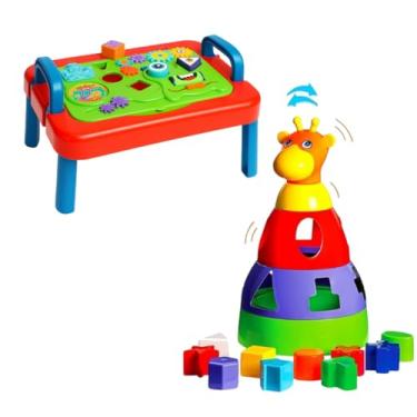 Imagem de Mesa Atividades Didática Bebê Infantil Com Girafa Empilhável Educativo Aprendizado Interativo Formas Números Cores Menino Azul Menina Rosa 1 2 ano 6 meses Presente Coordenação Motora (Azul)