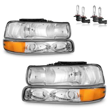 Imagem de Vizotae Conjunto de faróis com lâmpadas para Chevy Silverado 1500 2500 1999-2002, Silverado 1500HD 2500HD 3500HD, para Tahoe Suburban 2000-2006 com luzes marcadoras de seta de estacionamento