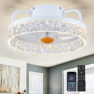 Imagem de Ventiladores de teto brancos com luzes e controle remoto - Ventiladores de teto embutidos de perfil baixo - Ventiladores de teto modernos sem lâminas de 33 cm com luz LED e regulação contínua