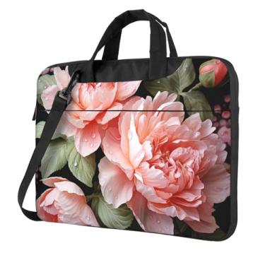 Imagem de Capa protetora para notebook com flores de peônia rosa à prova de choque bolsa portátil para laptop à prova d'água para homens e mulheres, Preto, 14 inch