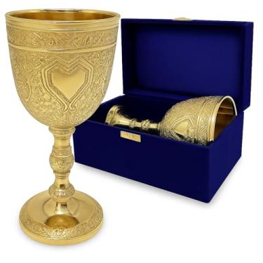 Imagem de Taças de vinho vintage vintage de latão sólido gravado à mão Royal Handmade ornamentado com caixa de veludo azul, presentes medievais copos cálice para aniversário de casamento, batismo (ouro)