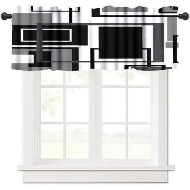 Imagem de ZhiRain Cortina de saia preta e branca moderna geométrica cinza abstrata preta e cinza com bolso para varão cortinas curtas para cozinha, banheiro, fazenda, sala de estar 137 x 45 cm