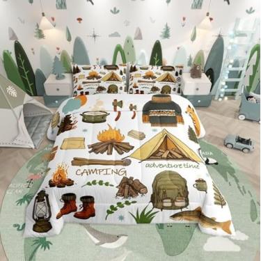 Imagem de Manfei Conjunto de edredom infantil Happy Camping, tamanho queen, acampamento, tenda, fogueira, decoração de quarto de meninos e meninas, edredom para atividades ao ar livre, marrom e branco, 2