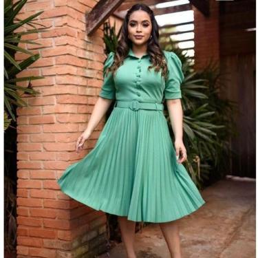 Imagem de Vestido mídi saia Plissada crepe de malha com elasticidade gola polo c