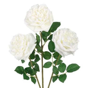Imagem de IPOPU Real Touch Flores Artificiais Peônia Rosa Austin 3 peças Rosas Brancas Grandes 13 cm Flores Realistas 63,8 cm de Haste Longa para Buquês de Casamento DIY Decoração de Festa em Casa (Branco)