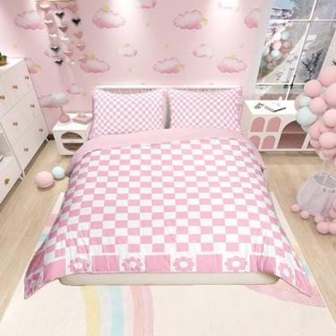 Imagem de Conjunto de capa de edredom rosa branco quadriculado, tamanho casal, conjunto de cama quadriculado geométrico, 3 peças, capa de edredom xadrez de flor rosa, decoração de quarto de meninas, capa de