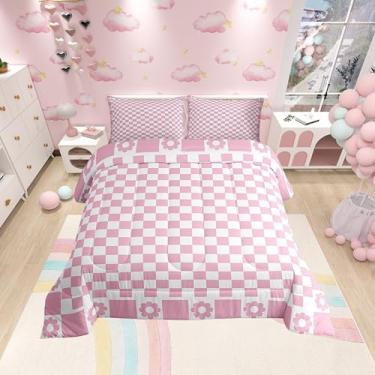 Imagem de Conjunto de edredom solteiro rosa e branco, quadriculado geométrico, 2 peças, estampa de flor rosa, xadrez para todas as estações, conjunto de edredom de poliéster macio, 1 fronha