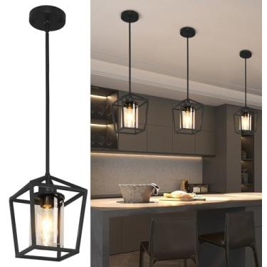 Imagem de JIAYASHOUS Luzes pendentes pretas ilha de cozinha, 1 luminária, iluminação de ilha de fazenda, lanterna pendente para hall de entrada, sala de jantar com sombra de vidro transparente, altura ajustável