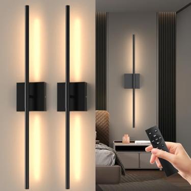 Imagem de Conjunto de duas arandelas de parede a bateria, luzes de parede recarregáveis com controle remoto, lâmpada de parede LED regulável 3000K-6000K, rotação de 360°, arandelas longas sem fio para sala de