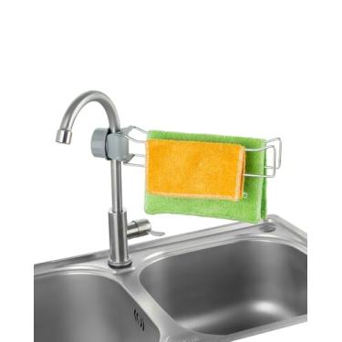 Imagem de QIHS Suporte de toalha de pia de cozinha, suporte de pano de prato de aço inoxidável, suporte de torneira ajustável cabide de secagem para pano de louça, luvas, cinza