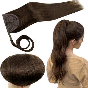 Imagem de RUNATURE Extensão de rabo de cavalo de cabelo humano real, extensão de rabo de cavalo marrom médio, cabelo humano, enrolado, prendedor em rabo de cavalo, extensões de cabelo longo liso adicionar