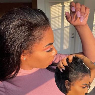 Imagem de Enoya Perucas sem cola cabelo humano pré-arrancado frontal peruca para mulheres negras, peruca frontal HD Lace Front cabelo humano densidade 200 preto natural com cabelo de bebê (peruca frontal de