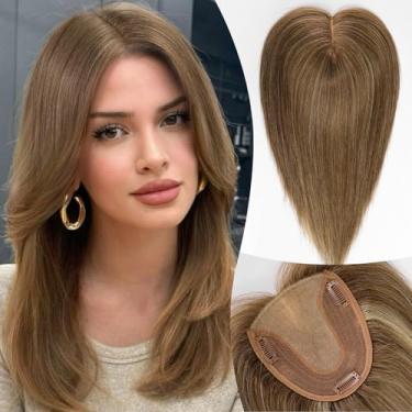 Imagem de EMMOR Toppers de cabelo humano para mulheres com queda de cabelo 30,5 cm pele couro cabeludo 12 cm × 15 cm capa de base grande para perda de cabelo perucas de cabelo (marrom acinzentado)