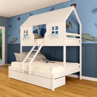 Imagem de Beliche Casal/ Solteiro Casinha Encantada Com 02 Gavetas Madeira Maciça Branco Megamobilia