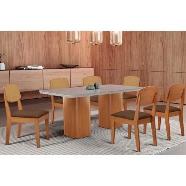 Imagem de Conjunto Sala de Jantar Maldivas c/ Tampo Madeirado c/ Vidro Canto Curvo 180x90cm e 6 Cadeiras Havana Premium Naturale/Off White - Suede Marrom-Rufato