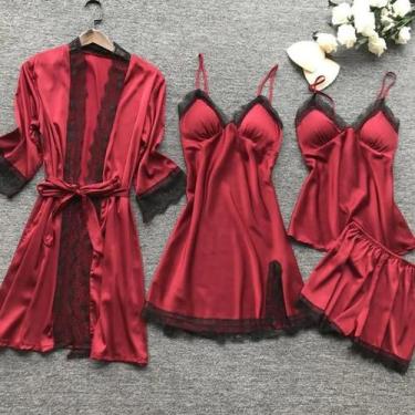 Imagem de Conjunto De Pijamas Femininos De Renda Sexy Com Decote Em V, Camisola 