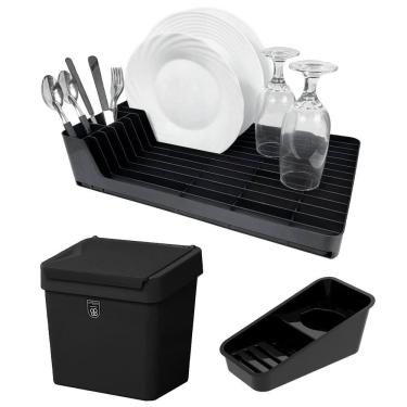 Imagem de Kit 3 Pç Organizador de Pia + Escorredor de Louça + Lixeira 2,5 Litros Com Tampa Cozinha Preto - Pop Crippa