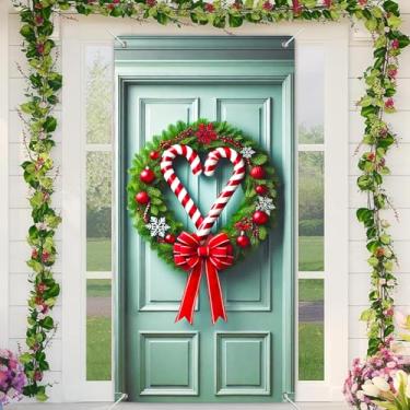 Imagem de BlissYard Capa de porta de Natal, guirlanda de coração de bengala doce, decoração de portas de 89 x 188 cm, faixa de poliéster para decoração de parede para ambientes internos e externos, suprimentos