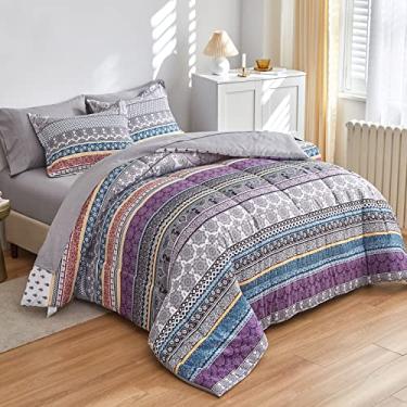 Imagem de Flysheep Jogo de edredom para cama com 7 peças King Size, colorido Boho roxo laranja listras cinza estampado reversível (1 edredom, 1 lençol liso, 1 lençol com elástico, 2 fronhas de travesseiro, 2 fronhas)