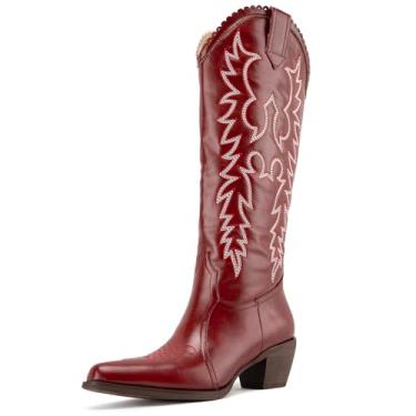 Imagem de GORBINETI Botas femininas caubói, cano médio, botas de cowgirl, vermelho ocidental, bordadas, camurça, bico amêndoa, salto grosso, Vermelho 196, 37