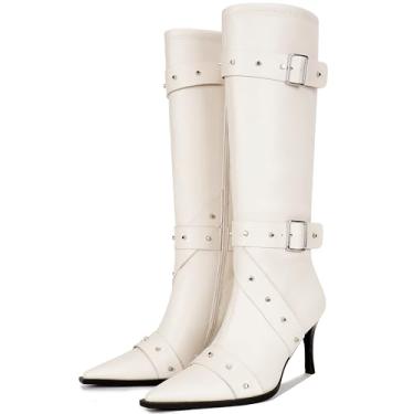 Imagem de Eusibb Botas de cano alto femininas bico fino fivela tira salto agulha botas rebites vestido sexy alto botas longas com zíper, Anjo branco, 38