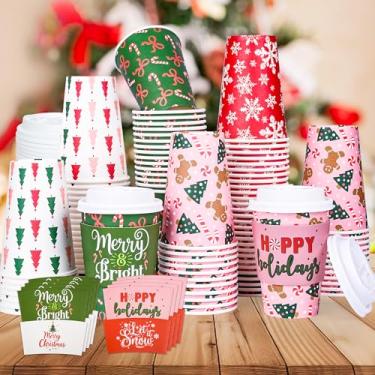 Imagem de Houuqe Pacote com 100 xícaras de café de Natal de 340 g com tampas e mangas, copos de café descartáveis de Natal para viagem, copos de café de Natal quentes de cacau para suprimentos de festa de
