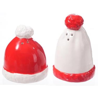 Imagem de The Bridge Collection Saleiro e pimenteiro de cerâmica para inverno – Conjunto festivo de saleiro e gorro vermelho e branco