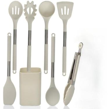 Imagem de Kit 8 Utensílios de Cozinha de Silicone e Aço Inox Grandes com Balde (Bege)