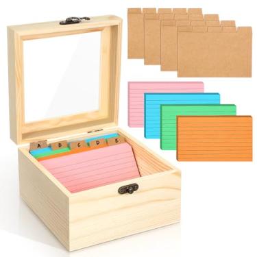 Imagem de Kathfly Conjunto de porta-cartões de índice de 7 x 12 cm, 230 peças de cartões de índice de notas pesadas, caixa organizadora de receitas de madeira de grande capacidade com divisórias, porta-cartões