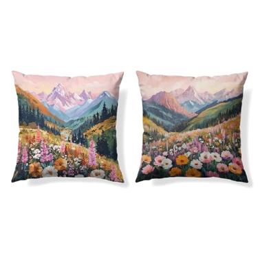 Imagem de GTYNU Conjunto de 2 capas de almofada coloridas com flores naturais para decoração de casa, 45,7 x 45,7 cm, Boho Blue Ridge Mountain, arte moderna de paisagem de flores silvestres