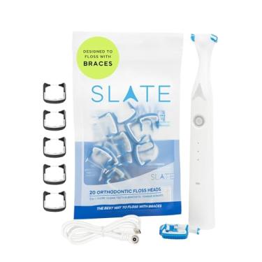 Imagem de Slate Flosser elétrico – irrigador bucal ortodôntico | Fio dental para aparelhos ortodônticos – Inclui estimulador de gengiva, raspador de língua, aparelho de fio dental reutilizável | Aparelhos