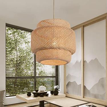 Imagem de Abajur rústico de bambu tecido, lâmpada trançada Boho E27, abajur pendente de rattan, lâmpada de sala de estar pendurada (30 cm)