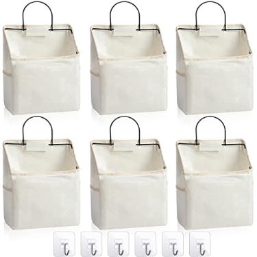 Imagem de Pacote com 6 sacos de armazenamento para pendurar na parede armário de banheiro pendurado armazenamento sobre a porta cesta suspensa quarto bolsa organizadora de armazenamento de parede à prova d'água linho algodão caixa organizadora recipientes e 10 peças ganchos, branco