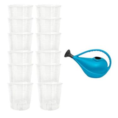 Imagem de Regador Plástico Azul 3L com Bico + 12 Vasos Transparentes Ideal Para 
