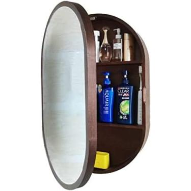 Imagem de AKALNNB Armário de remédios oval com moldura de madeira Armário de espelho de banheiro de 3 camadas, armário de cozinha montado na parede com economia de espaço, perfeito para um banheiro pequeno