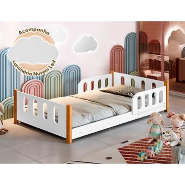 Imagem de Cama de Criança Infantil Juvenil Camila com Grade de Proteção Branca Acompanha Luminária Led