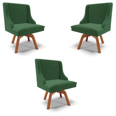 Imagem de Kit 3 Cadeiras Decorativas Sala de Jantar Base Giratória de Madeira Firenze Veludo Verde/Natural G19 - Gran Belo