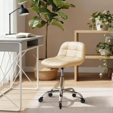 Imagem de Cadeira de rodinhas com rodas, banco ajustável em altura com suporte para as costas, cadeira de vaidade resistente com almofada de couro PU para salão de beleza, massagem, cozinha, tatuagem