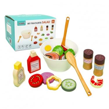 Imagem de Brinquedo Educativo de Salada com Acessórios, Kit de Cozinha de Madeira com Tigela, Talheres, Vegetais, Temperos, para Crianças 3+, 16.7x14.7x10cm