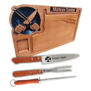 Imagem de Tabua De Corte Personalizada + Kit Churrasqueiro Com Faca, Garfo e Chaira Personalizado, Logo Nome Símbolo Iniciais Etc, Madeira Nobre 40x24x2,5cm, Presente Único