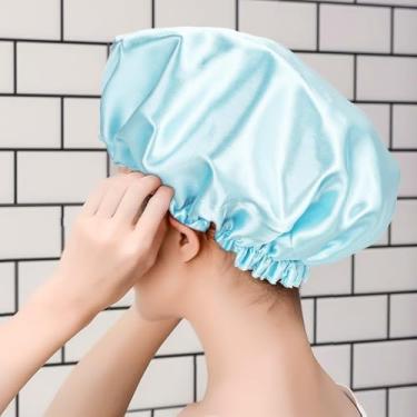 Imagem de 1 pacote de toucas de banho para mulheres, toucas de banho, elásticas reutilizáveis e à prova d'água, touca de cabelo de camada dupla, chapéu de banho de cabelo de proteção ambiental (azul)