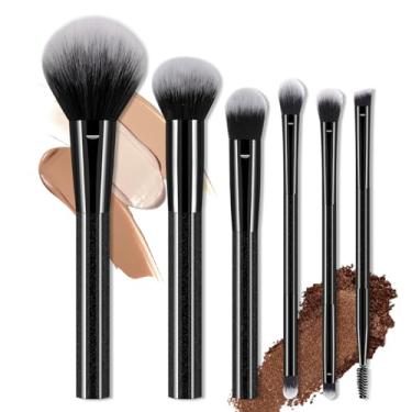 Imagem de Conjunto de 6 pincéis profissionais de maquiagem - pincel de pó + pincel de blush + pincel de base + pincel de sobrancelha de ponta dupla + pincel para cílios e sombras e corretivo de detalhes