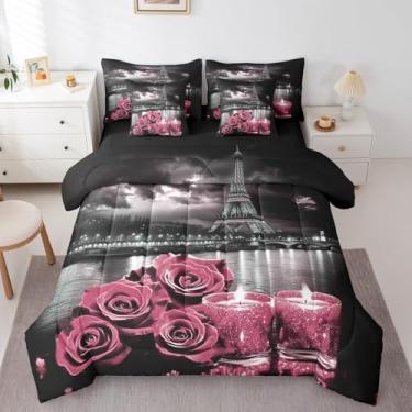 Imagem de Erosebridal Conjunto de edredom Queen Paris com 7 peças, retrô, rosa, rosa, romântico, floral, Torre Eiffel, para meninas, adultos, homens, mulheres, casamento, dia dos namorados, preto