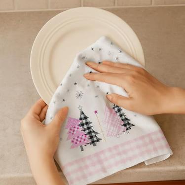 Imagem de Toalhas de cozinha de Natal, 66 x 45 cm, toalha de mão decorativa para banheiro com estampa de feliz Natal, árvore branca e rosa