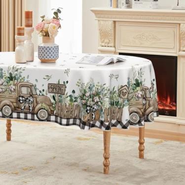 Imagem de Horaldaily Toalha de mesa de primavera 152 × 213 cm, oval, cerca de eucalipto, algodão, caminhão, lavável, capa de mesa sazonal para decoração de festa, piquenique, jantar