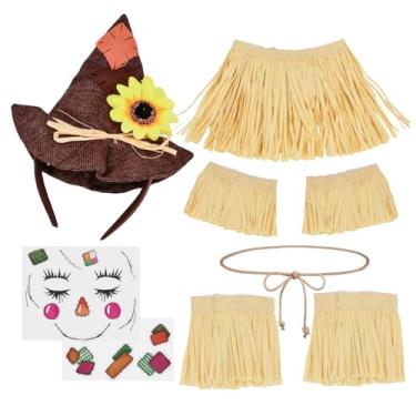Imagem de Funsveta Conjunto de acessórios de fantasia de espantalho, chapéu de feltro marrom com girassol, kit de palha de cinto de corda, tatuagem de rosto, kit de fantasia de Halloween (marrom)