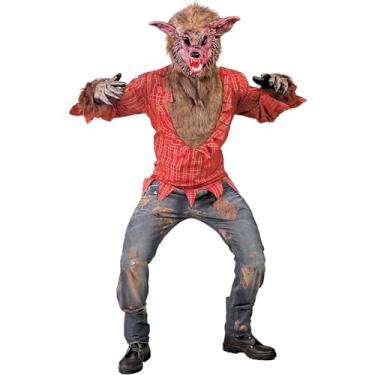 Imagem de Fantasia Lobisomem Adulto Realista de Luxo com Pelos e Máscara Assustadora Halloween Teatro Carnaval e Festa (Xadrez Vermelho, G 46-48)