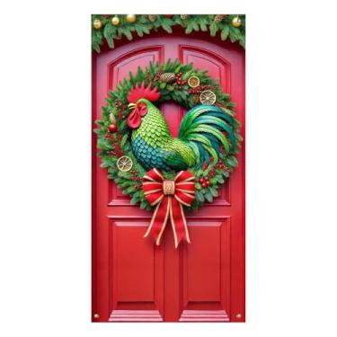 Imagem de BlissYard Merry Christmas Capa de porta de guirlanda de galo 89 x 188 cm, faixa decorativa de porta com laço vermelho, pinhas e ornamentos para exibições de varanda de inverno internas e externas