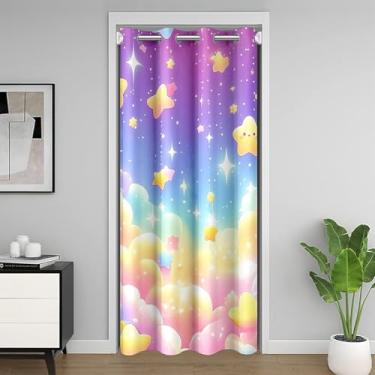 Imagem de jejeloiu Kawaii Cortina de porta arco-íris nuvem para porta privacidade impressão estrela capa adorável cortina divisória de quarto arco-íris crianças 106.7 cm x 203.2 cm amarelo rosa quarto sala de
